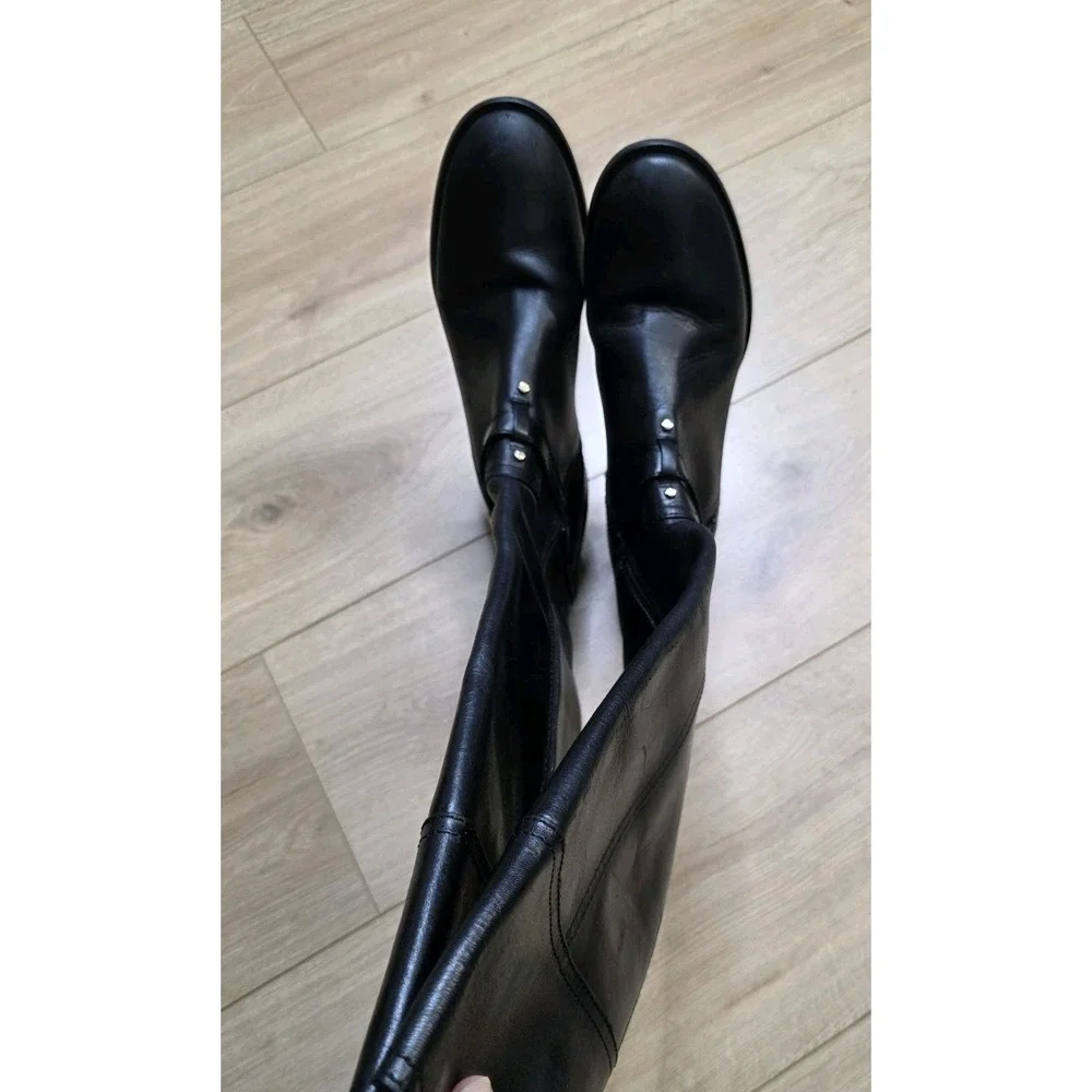 Tory Burch Brita Black Leather Tall Riding Boots Women's Size 7M Gold Hardware